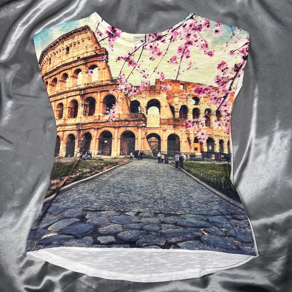 Made in Italy Rome Colosseum Cherry Blossom Graphic Cap Sleeve Tee White Medium - Picture 5 of 12
